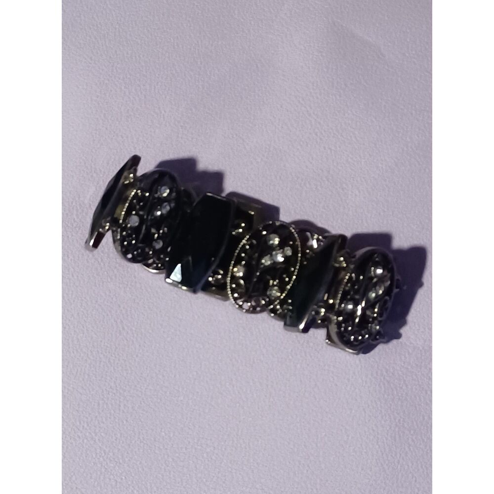 Vintage Black Stone & Rhinestone Filigree Bracelet